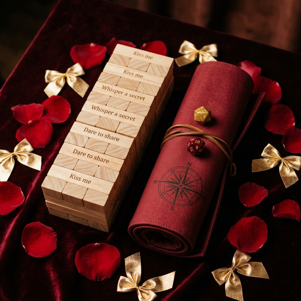 Couple Jenga and Couple Roll bundle together on dark velvet with rose petals
